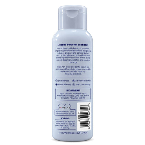 Lovelab Lube Original water-based personal lubricant 125ml, back label with ingredients