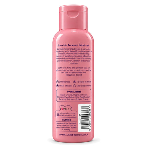Lovelab Lube Strawberry flavoured water-based lubricant 125ml, back label with ingredients